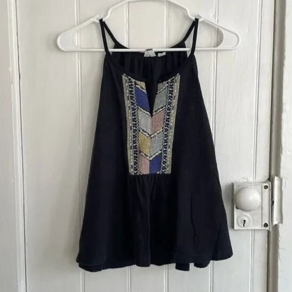 Roxy Y2k black embroidered tank with high neck &  spaghetti straps Sz Medium